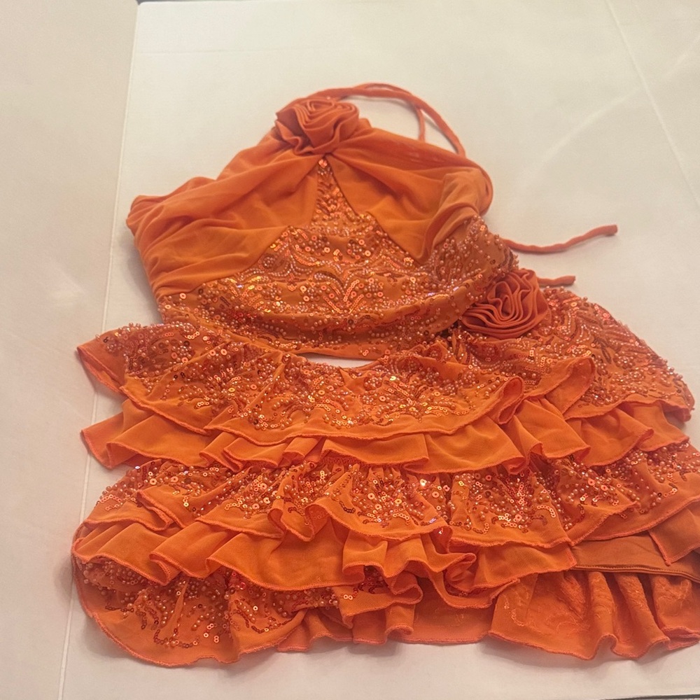 Outcast Orange Ruffle Sequin Halter Dress